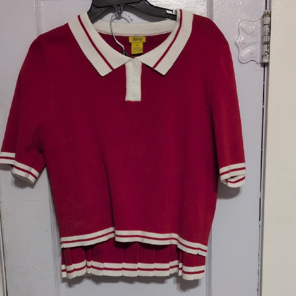 Daisy Red Short-Sleeve Polo Top with White Trim